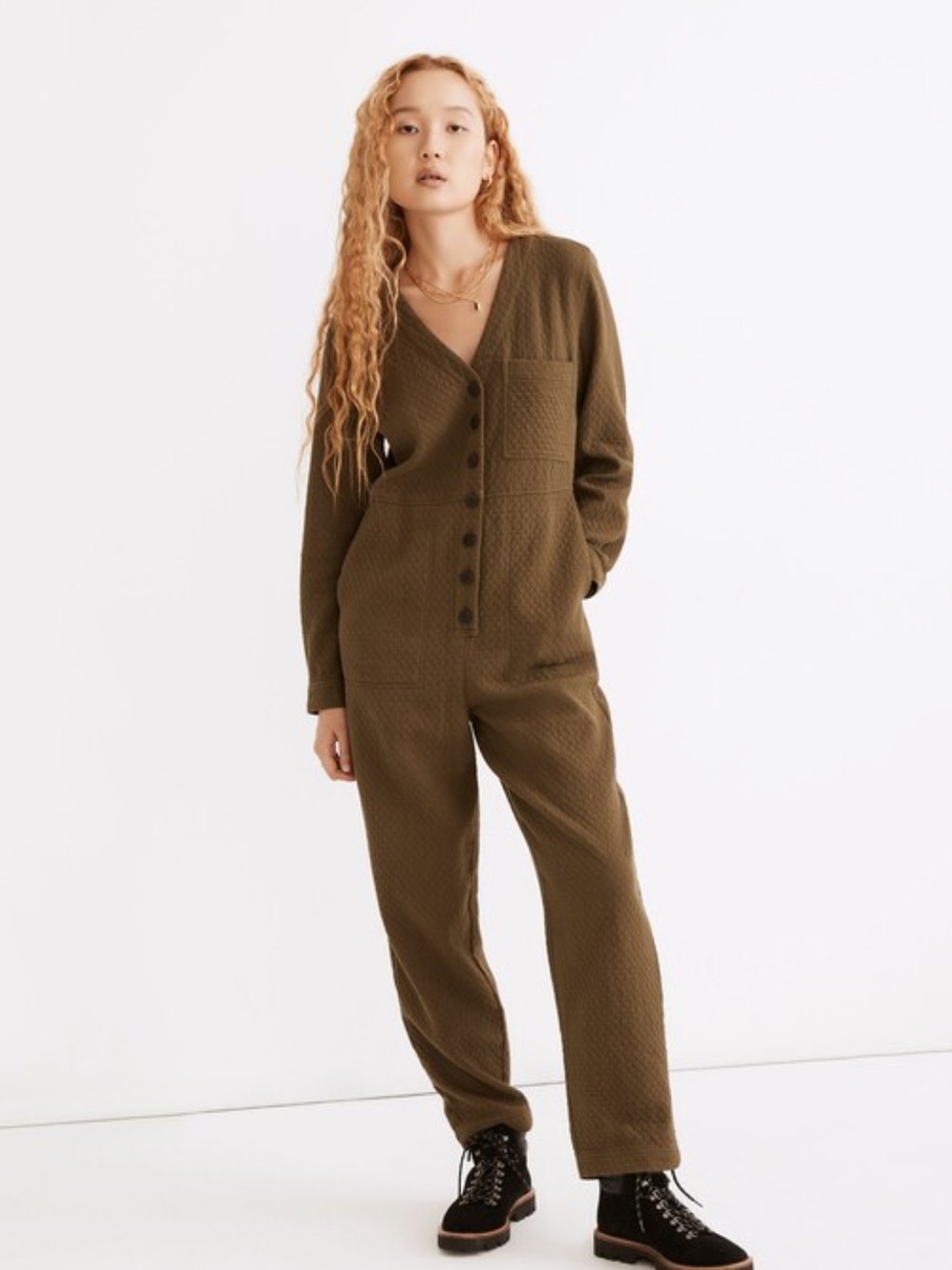 Madewell Diamond Jacquard Kale Green Coverall Jumpsuit